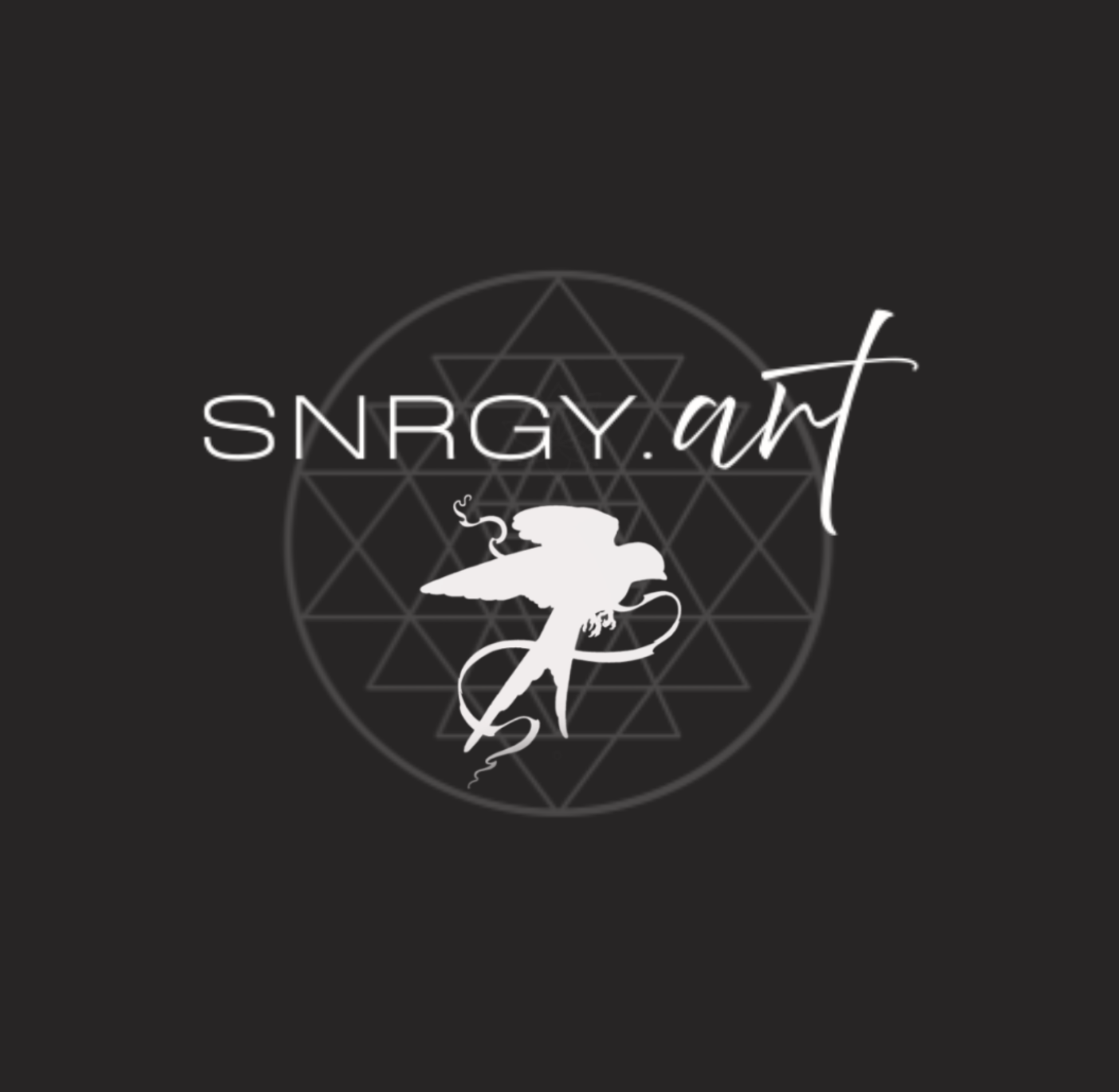 SNRGY.art logo featuring a hite swallow in flight over a sri yantra sacred geometry image