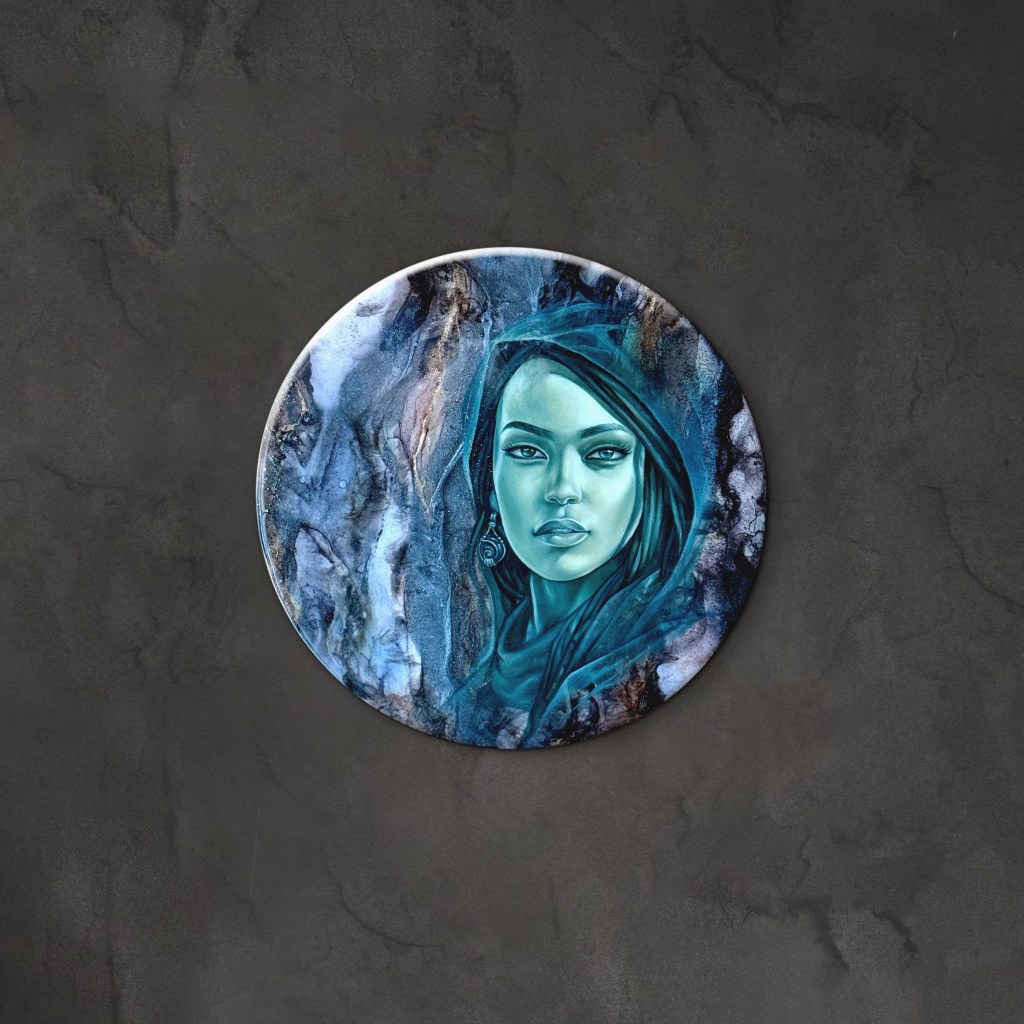 oil painting of a womans portrait on crystal infused background