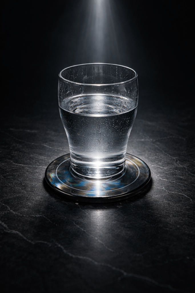 An AI generated photo of glass of water on a SNRGY art scalar disc coaster with light from above and a mineralblack background