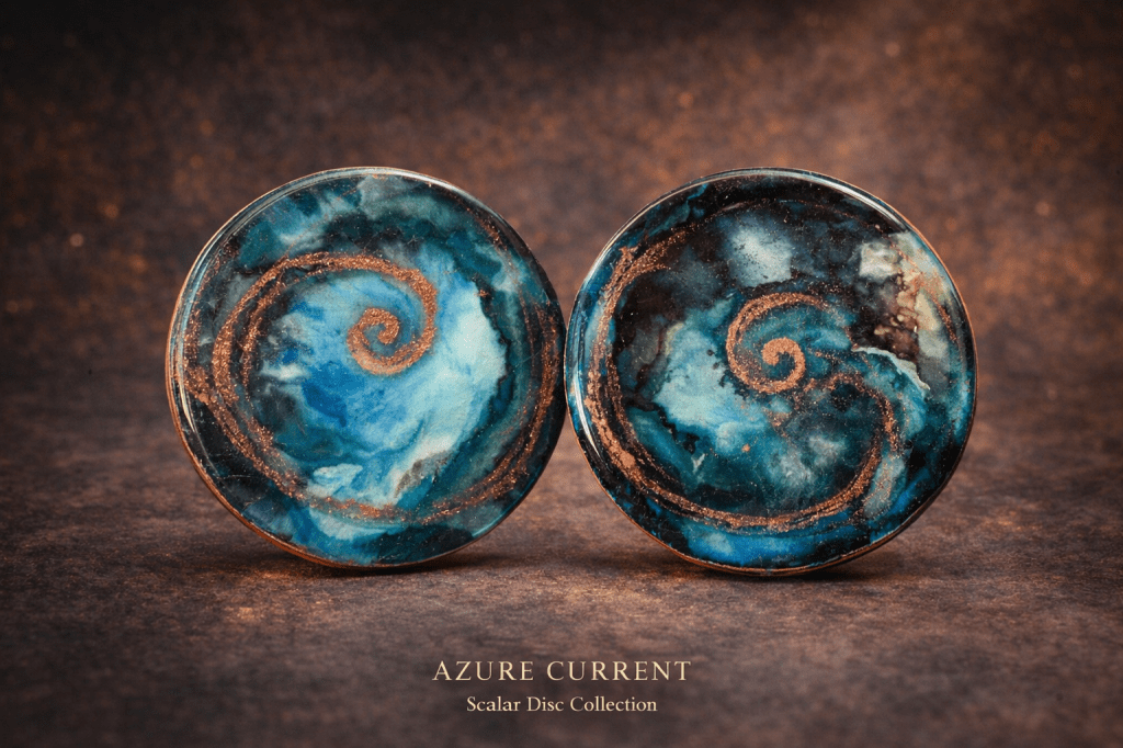 azure current scal resonance disc dual loop pair organite coasters in turquise and black by SNRGY art
