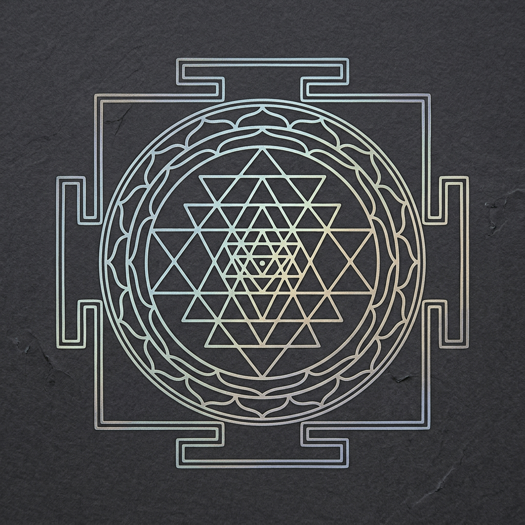 Colorful Sri Yantra geometric pattern on a dark background