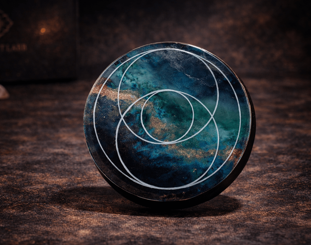 scalar disc featuring vesica piscis geometry with dark blue and indigo harmonics with copper tones editiorial photo by SNRGY.art